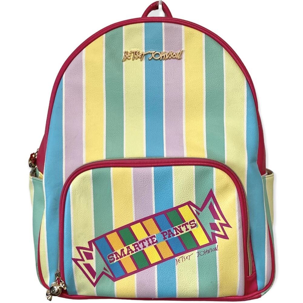 Betsey Johnson Smartie Pants Backpack Bag Smartie Candy Leather Stripe Pink NWT